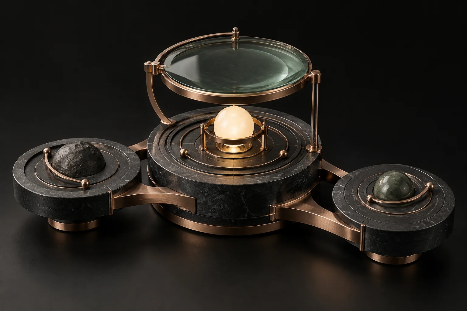 A precision instrument of copper bridges, sage glass, and connected stone discs