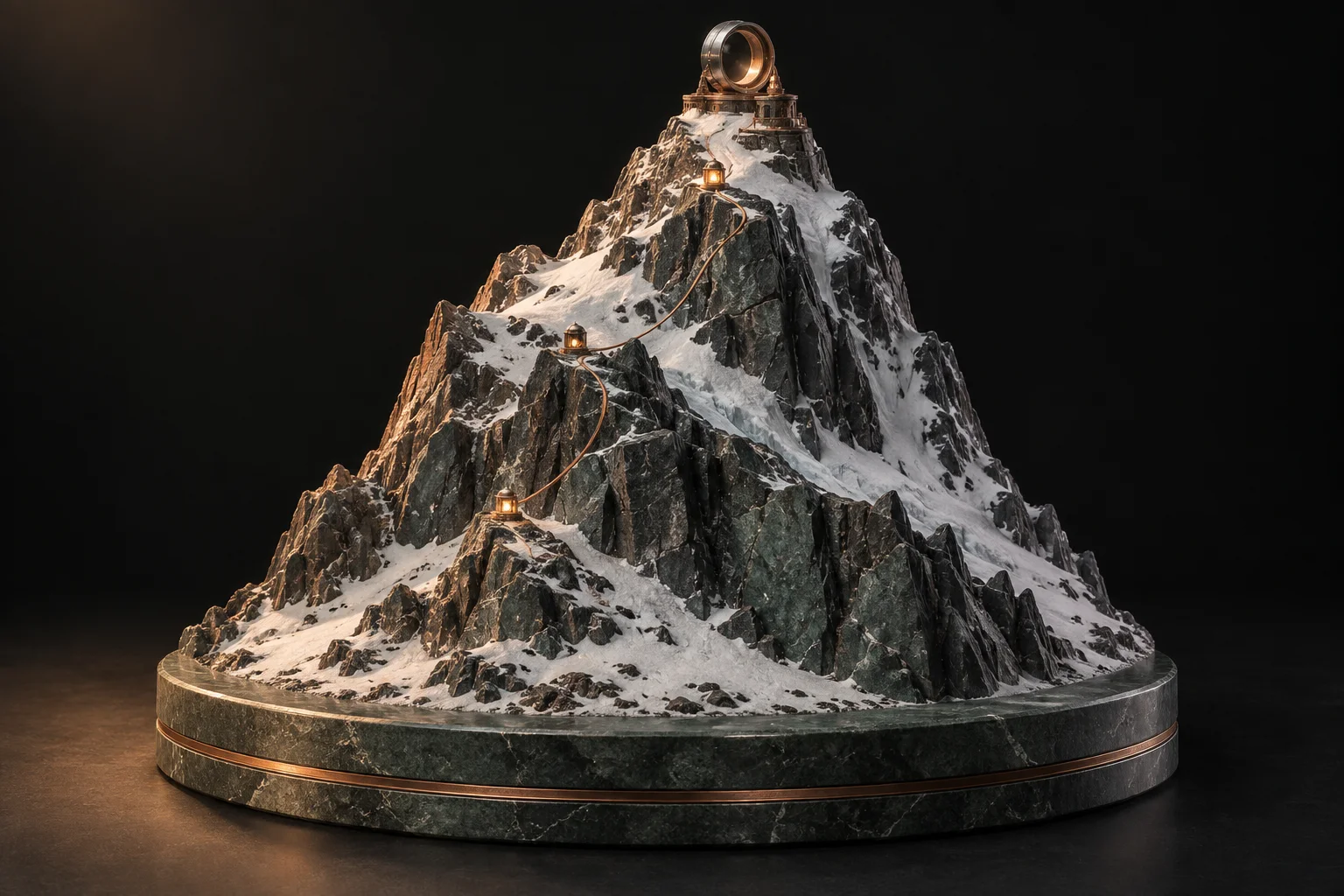 A sculptural alpine peak in graphite stone with a copper climbing route and an observatory at its summit